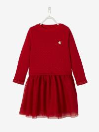 Vestido bimatéria, especial natal, para menina vermelho escuro liso