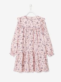 Vestido fluido com folhos e flores, para menina violeta claro estampado