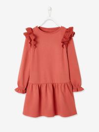Vestido em moletão, folhos em bordado inglês, para menina castanho claro liso