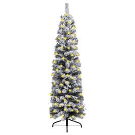 Árvore de Natal fina com luzes LED e neve 150 cm PVC verde