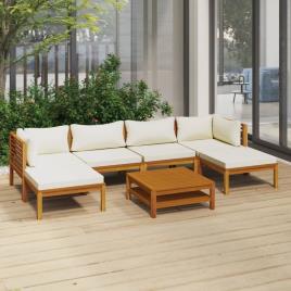 Conjunto Lounge Jardim C/ Almofadões Creme Acácia Maciça 7 pcs