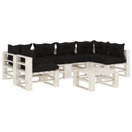 7 pcs conjunto lounge paletes de madeira c/ almofadões pretos