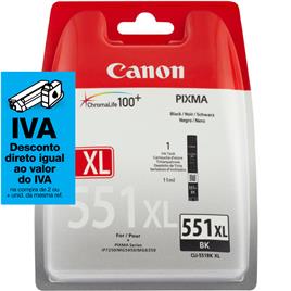 Canon Tinteiro Original CLI-551 BK XL de Alto Rendimento com Tinta ChromaLife 100+, Preto, Individual, 6443B004