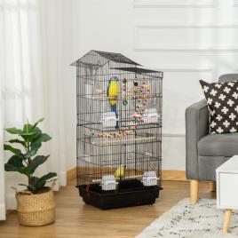 PawHut Gaiola para Passáros Gaiola de Metal com Múltiplas Portas 4 Comedouros 3 Poleiros Baloiço Escadas e Bandeja Removível para Periquitos Canários 46x36x100cm Preto