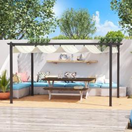 Pérgola de Alumínio 4x3 Pérgola de Jardim com Teto Retrátil Tecido de Poliéster e 8 Orifícios de Drenagem para Pátio Terraço Ex