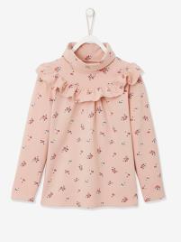 Camisola de gola alta às flores, com folho, para menina rosa escuro estampado