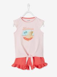 Conjunto t-shirt e calções com folhos rosa medio liso