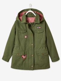 Parka com capuz e emblemas fantasia, para menina verde escuro liso