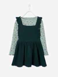 Conjunto camisola em canelado e vestido, em gaze de algodão verde medio liso