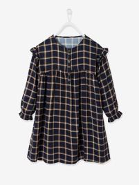 Vestido com folhos, aos quadrados, para menina azul escuro quadrados