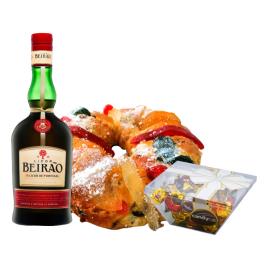 Cabaz Natal Licor Beirão + Bolo Rei + Bombons Caixa Laço Candycat