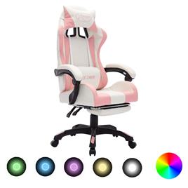 vidaXL Cadeira estilo corrida c/ luzes LED RGB couro arti. rosa/branco
