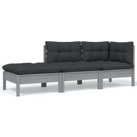 vidaXL 3 pcs conj. lounge jardim c/ almofadões pinho maciço cinzento